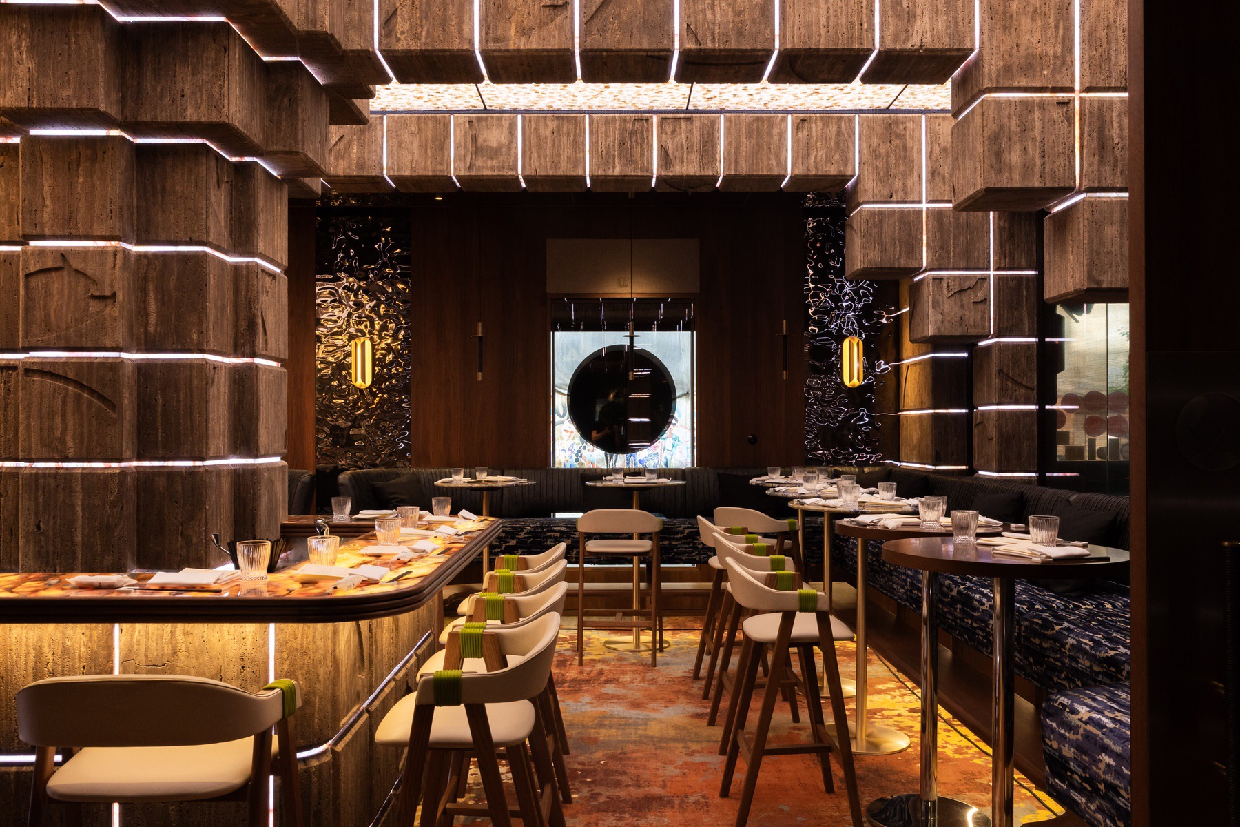 Nobu Budapest bar seating with travertine architecture